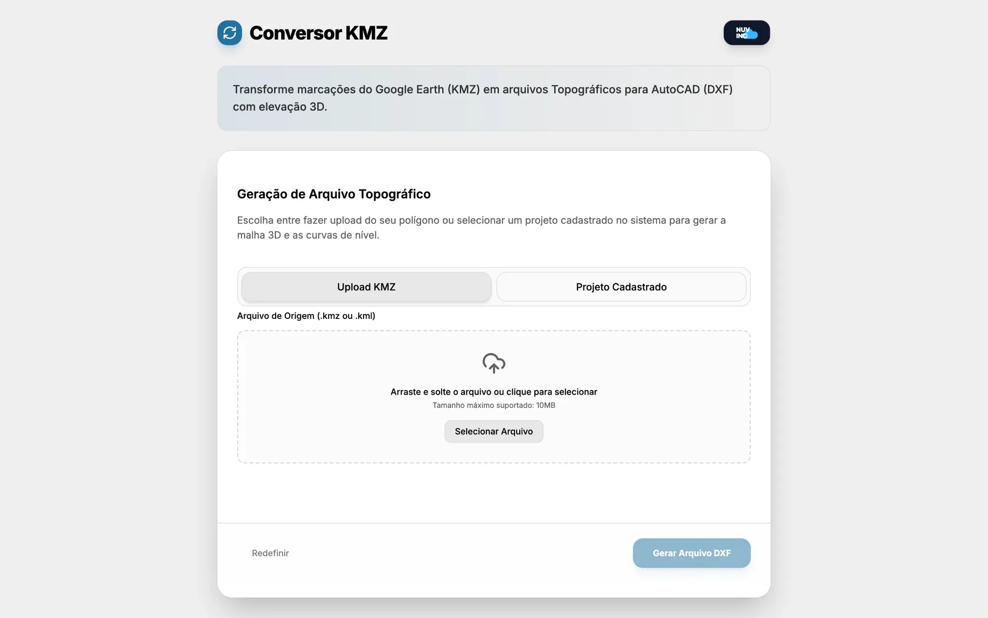 Conversor de KMZ dentro da plataforma Nuvinc